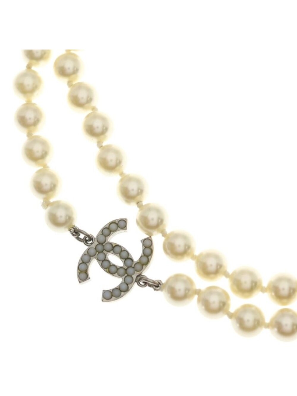 Chanel CC Logo Long Pearl Necklace White Gold White